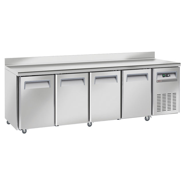 Kylbord, ventilerat, 4 dörrar GN 1/1, med backsplash, på hjul, 2 med bromsar