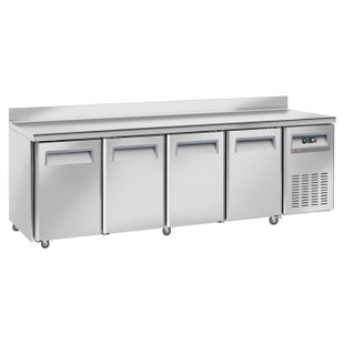 Cooling table, ventilated, 4 doors GN 1/1, with backsplash, on wheels, 2 with brakes