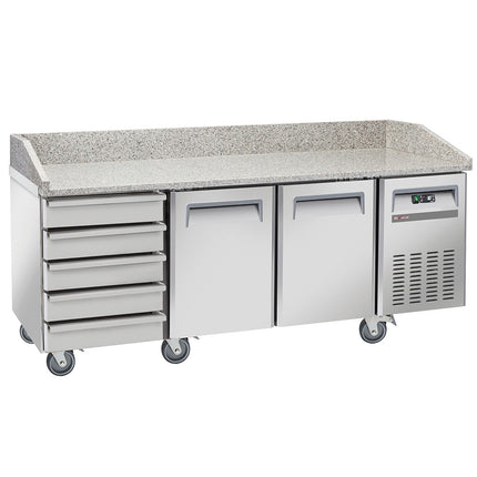 Refrigerated pizza table 2 doors EN 600x400, 5 neutral drawers EN 600x400, on wheels, 2 with brakes