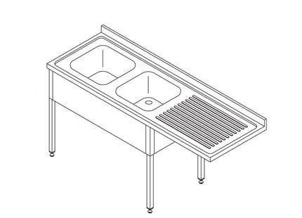 Dishwasher Table - 200 x 70cm - Left - with 2 Sinks and Backsplash - incl Storage Shelf