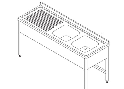 Dishwasher Table - 150 x 70cm - with 2 Sinks and Backsplash