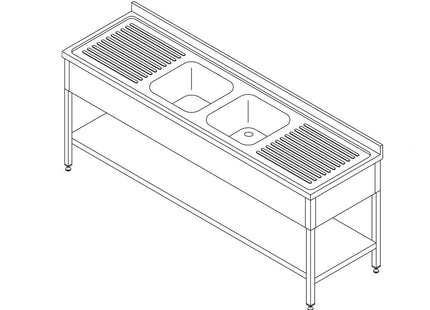 Dishwasher Table - 210 x 70cm - with 2 Sinks and Backsplash - incl Storage Shelf