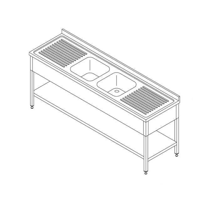 Stół do zmywarki – 210 x 70 cm – z 2 zlewami i osłoną przeciwbryzgową – zawiera półkę do przechowywania