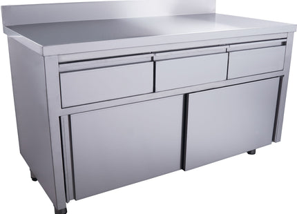SARO skab med skydedøre, 3 skuffer og opkant, 1600 x 700 mm