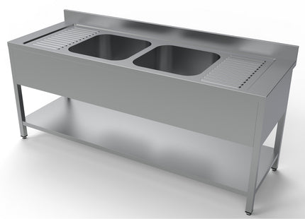 Bord med 2 vaske - centreret - underhylde - 700 x 2000 mm