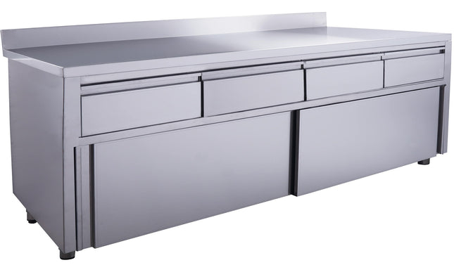 SARO skab med skydedøre, 4 skuffer og opkant, 2000 x 700 mm