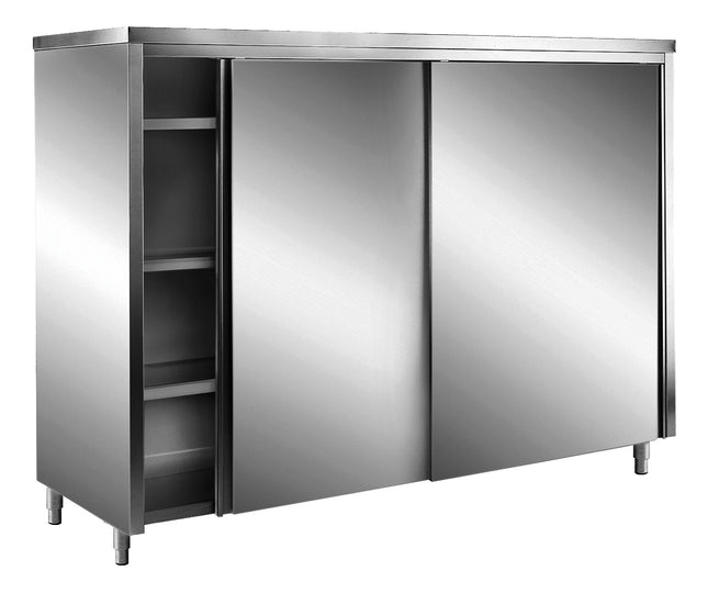 SARO opbevaringsskab i rustfrit stål med skydedøre AISI 430, fladt tag, 2000 x 600 mm