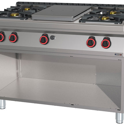 Cuisinière gaz 4 feux + 1 plan plein avec meuble ouvert 120