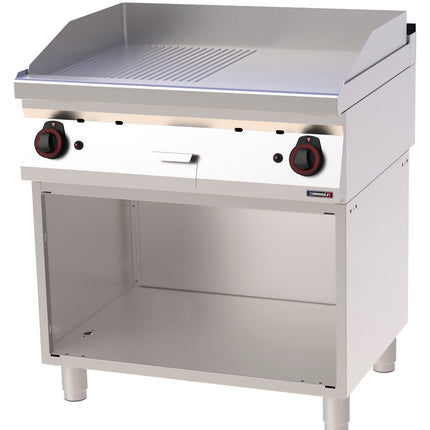 Gas griddle plate Grooved Smooth Chrome with open cabinet 80