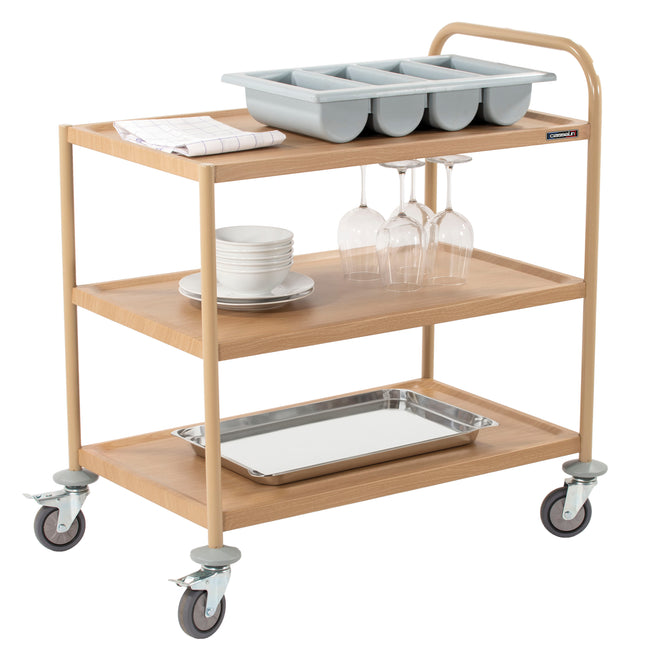 Chariot de service effet bois 3 plateaux 1 arceau