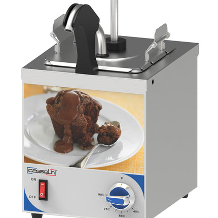 Sauce dispenser with pump and heated nozzle
