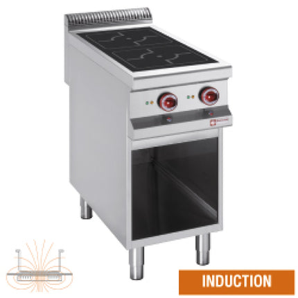 Cuisinières électriques 2 plaques alignées avec le dessus, placard ouvert