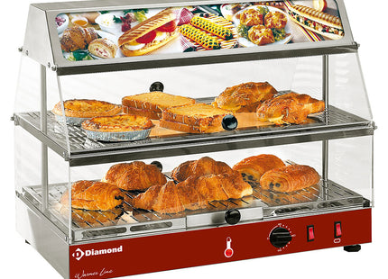 Heated display case with illuminated sign, 2 stores