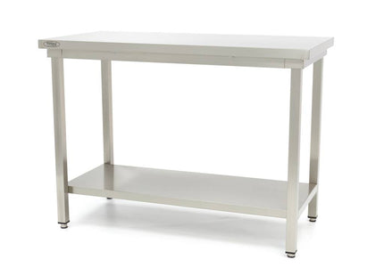 Rustfrit stål bord - 200 x 60 cm - Justerbar højde - med opbevaring Hylde