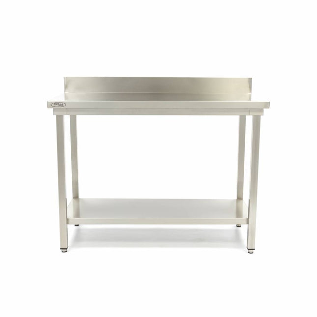 Bord i rustfritt stål - 160 x 60 cm - Justerbar høyde - med ryggplate og oppbevaringshylle