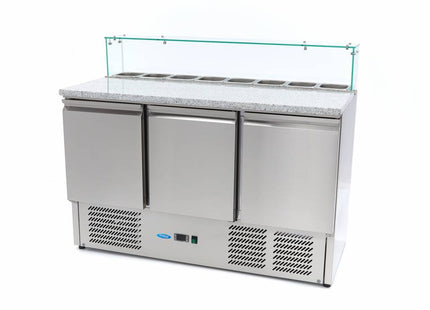 Réfrigérateur pour préparation de pizza - 137 cm - 3 portes - Pour 8 x 1/6 GN - avec couvercle en verre