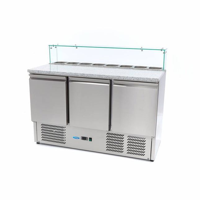 Lodówka do przygotowywania pizzy – 137 cm – 3 drzwi – Mieści 8 pojemników GN x 1/6 – zawiera szklaną pokrywę
